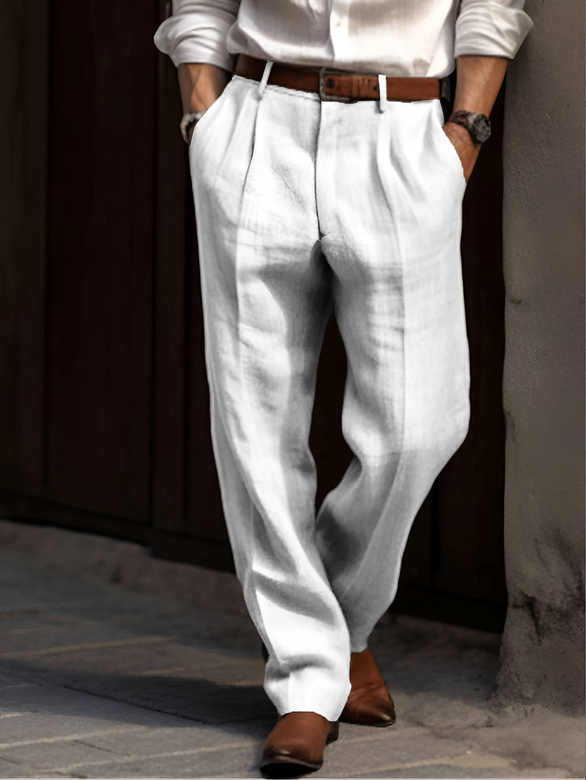 Men's Cotton Linen Blend Pants with Elastic Waist and Pleated Front, Machine Washable
