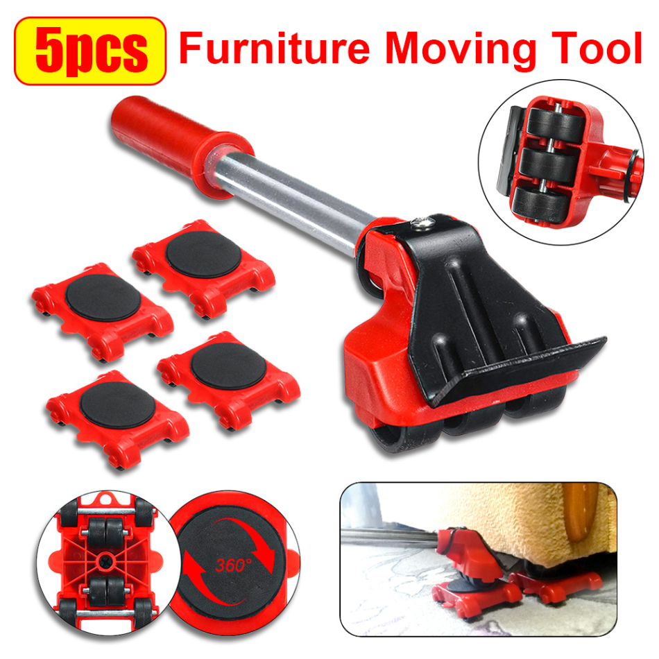 Furniture Moving Rollers with Lifting Bar and 360-Degree Wheels, 4-Pad Set