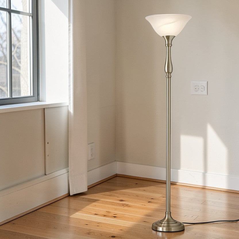 EverGlow Torchiere Floor Lamp 72" Brushed Nickel with Alabaster Glass Shade, Living Room Floor Lamps