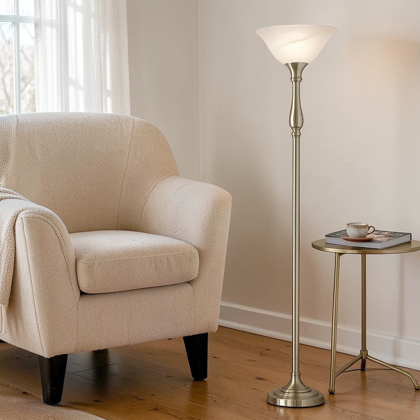 EverGlow Torchiere Floor Lamp 72" Brushed Nickel with Alabaster Glass Shade, Living Room Floor Lamps