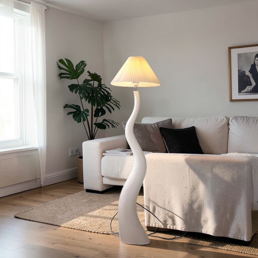 LumiNest Sculptural Spiral Floor Lamp 65" White Resin with Pleated Shade, Living Room Floor Lamps