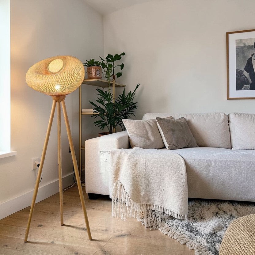 LumiNest Rattan Tripod Floor Lamp 63" Natural Wicker Orb Shade, Living Room Floor Lamps