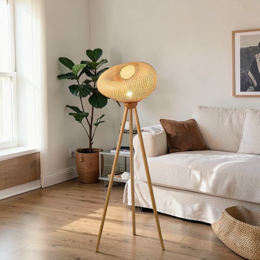 LumiNest Rattan Tripod Floor Lamp 63" Natural Wicker Orb Shade, Living Room Floor Lamps