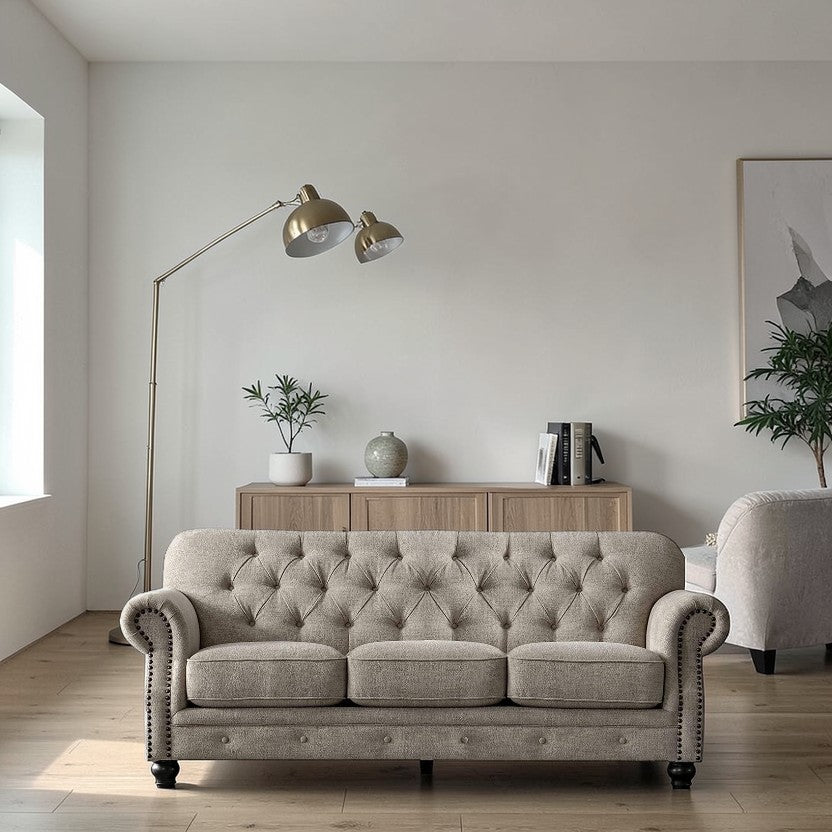 LuxeCraft Tufted Chenille Sofa with Rolled Arms, 3-Seater Living Room Sofas