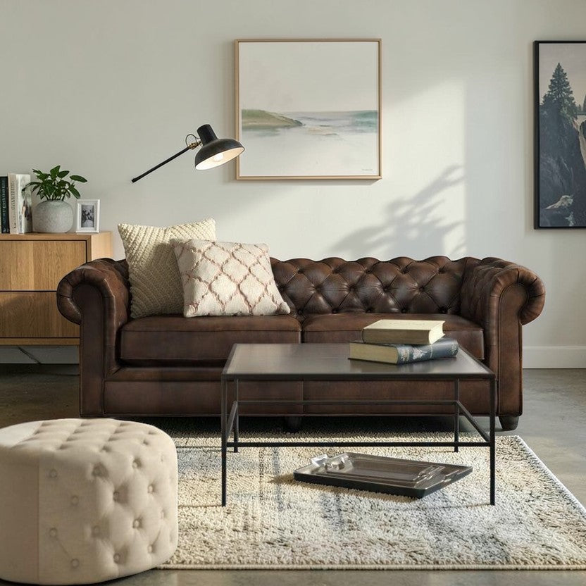 HeritageCraft Leather Sofa with Rolled Arms & Tufted Back, 3-Seater Living Room Sofas