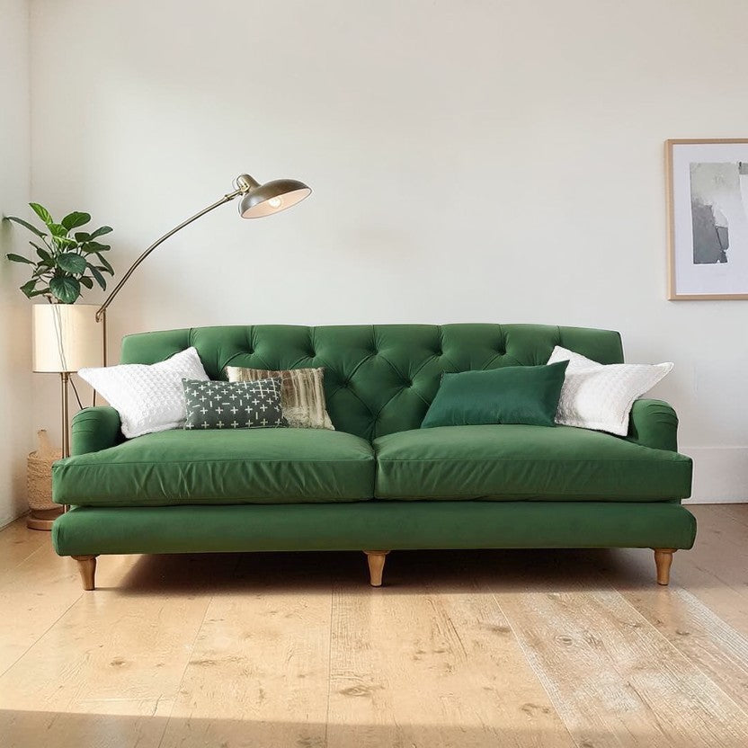VelvetLux Tufted Green Sofa with Deep Button Back, 3-Seater Living Room Sofas