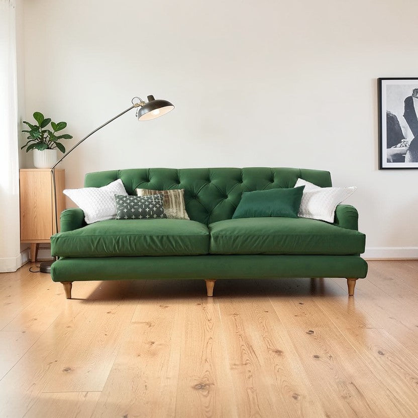 VelvetLux Tufted Green Sofa with Deep Button Back, 3-Seater Living Room Sofas