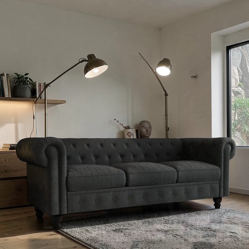 UrbanElegance Chesterfield Velvet Sofa Dark Gray with Tufted Back, 3-Seater Living Room Sofas
