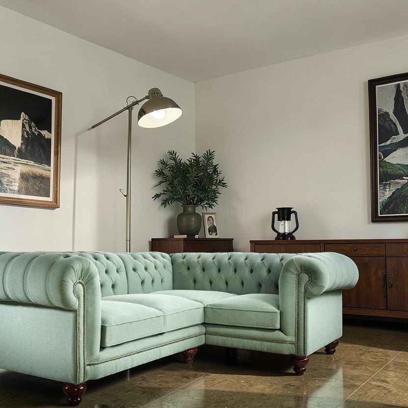 UrbanLuxe Corner Sofa Lichen Green Fabric, Tufted Sectional Living Room Sofas