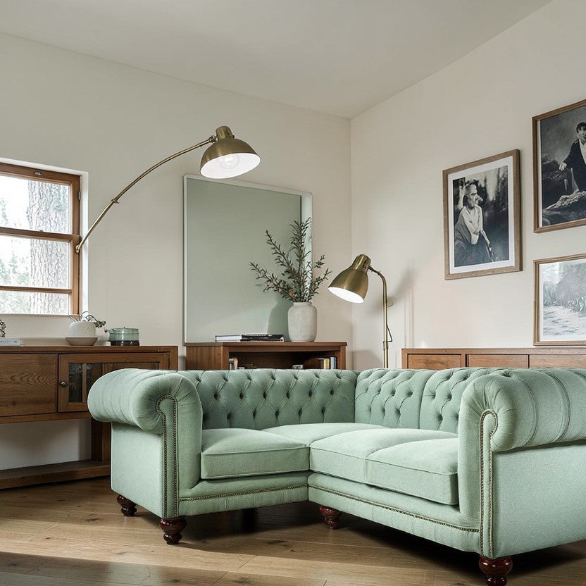 UrbanLuxe Corner Sofa Lichen Green Fabric, Tufted Sectional Living Room Sofas