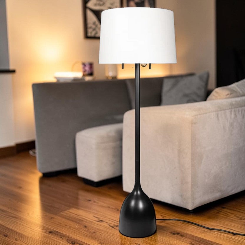 LumiNest Logan Dual Socket Floor Lamp 62" Black Metal with White Drum Shade, Living Room Floor Lamps