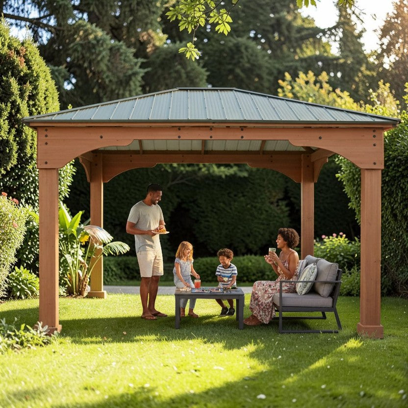 Grand Haven 12x14 Cedar Wood Gazebo with Aluminum Roof Mocha Finish