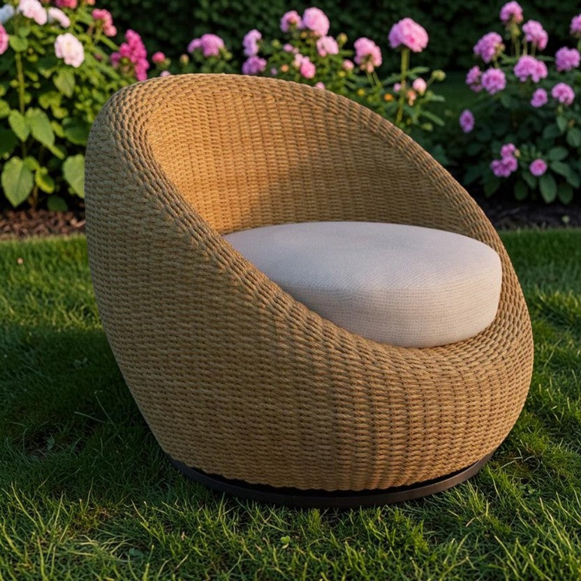 Coastal Swivel Woven Outdoor Club Chair Natural Rattan & Cream Cushion, Patio Seating