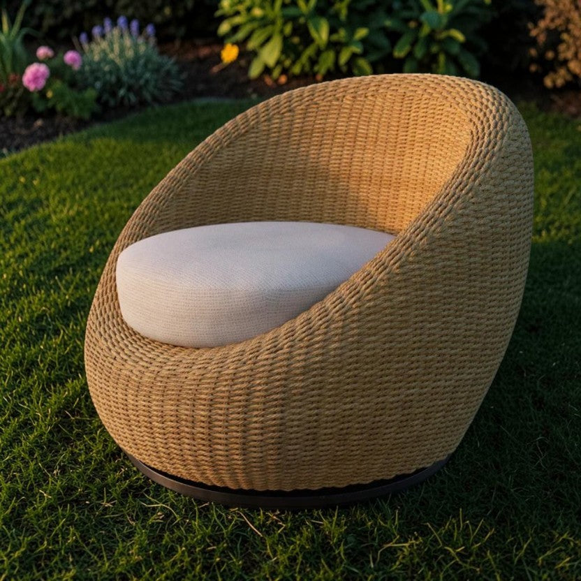 Coastal Swivel Woven Outdoor Club Chair Natural Rattan & Cream Cushion, Patio Seating