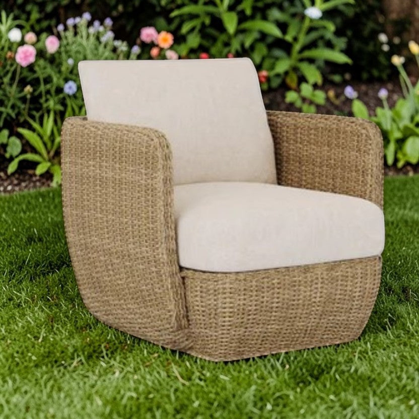 Coastal Woven Outdoor Club Chair Natural Rattan & Cream Cushions, Patio Seating
