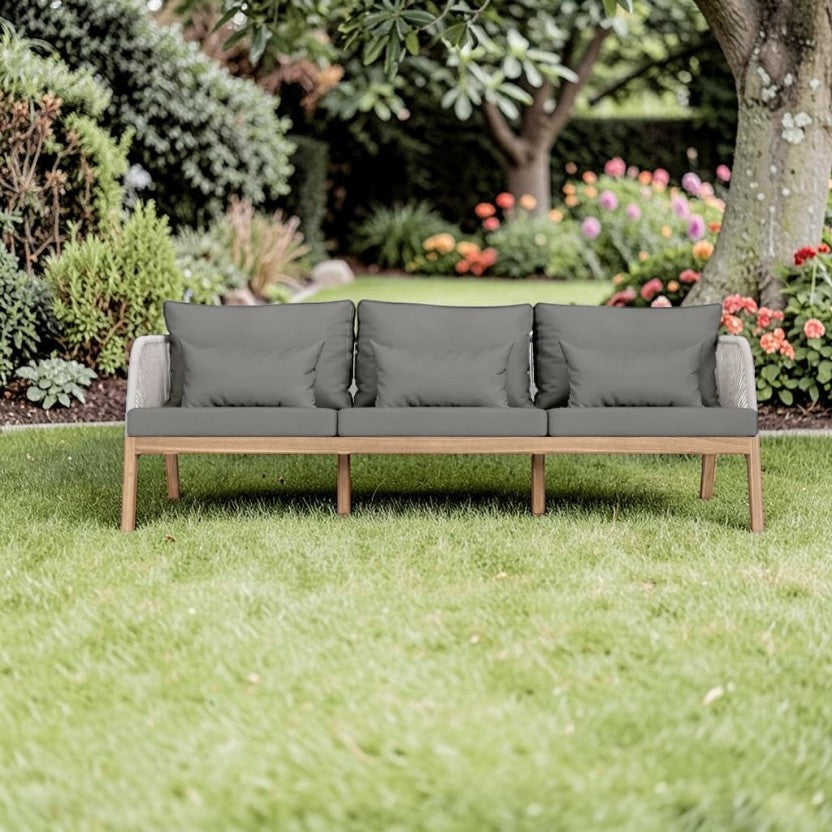 Coastal Luxe Teak Rope Outdoor Sofa Natural Wood & Gray Cushions, Patio Seating