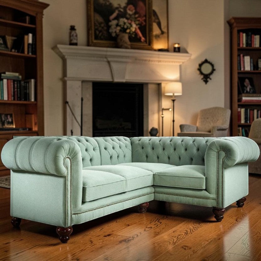 UrbanLuxe Corner Sofa Lichen Green Fabric, Tufted Sectional Living Room Sofas