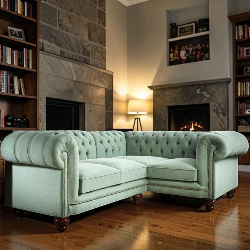 UrbanLuxe Corner Sofa Lichen Green Fabric, Tufted Sectional Living Room Sofas