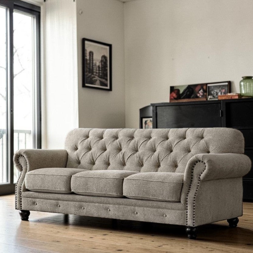 LuxeCraft Tufted Chenille Sofa with Rolled Arms, 3-Seater Living Room Sofas