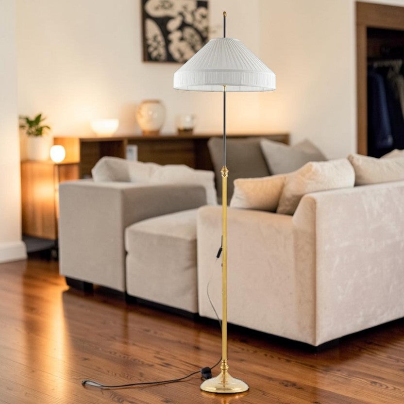 LumiNest Vintage Brass Floor Lamp with Pleated White Shade, Living Room Floor Lamps