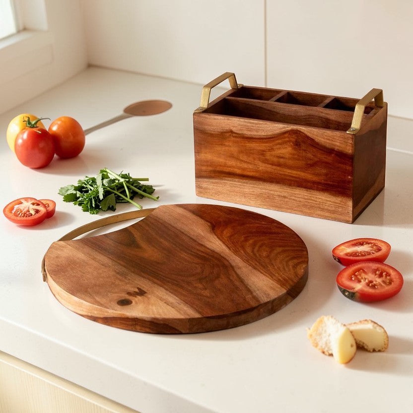 Heritage Acacia Wood Cutting Board & Utensil Holder Set Natural Finish 2-Piece, Kitchen Accessories