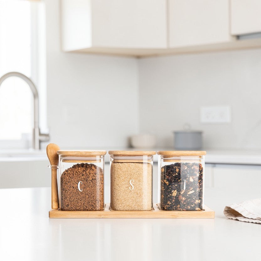 Modern Bamboo Glass Storage Jar Set 3-Piece with Tray & Spoon 17 oz Each, Kitchen Accessories