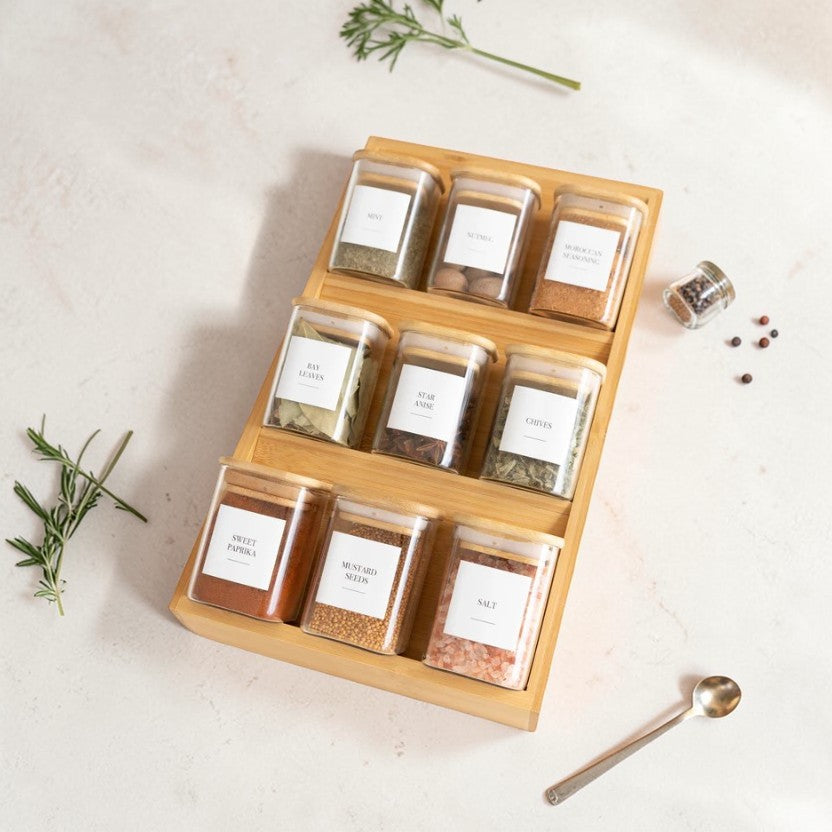 Expandable Bamboo Spice Drawer Organizer 3-Tier Natural Wood Rack, Kitchen Accessories