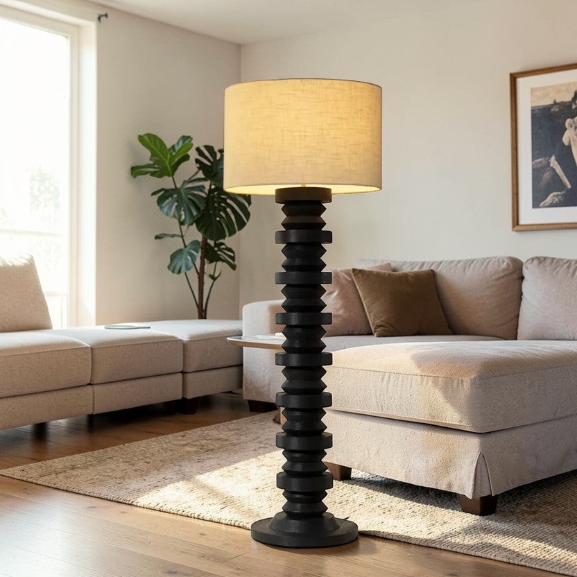LumiNest Capo Sculpted Wood Floor Lamp 63" Black with Fabric Shade, Living Room Floor Lamps