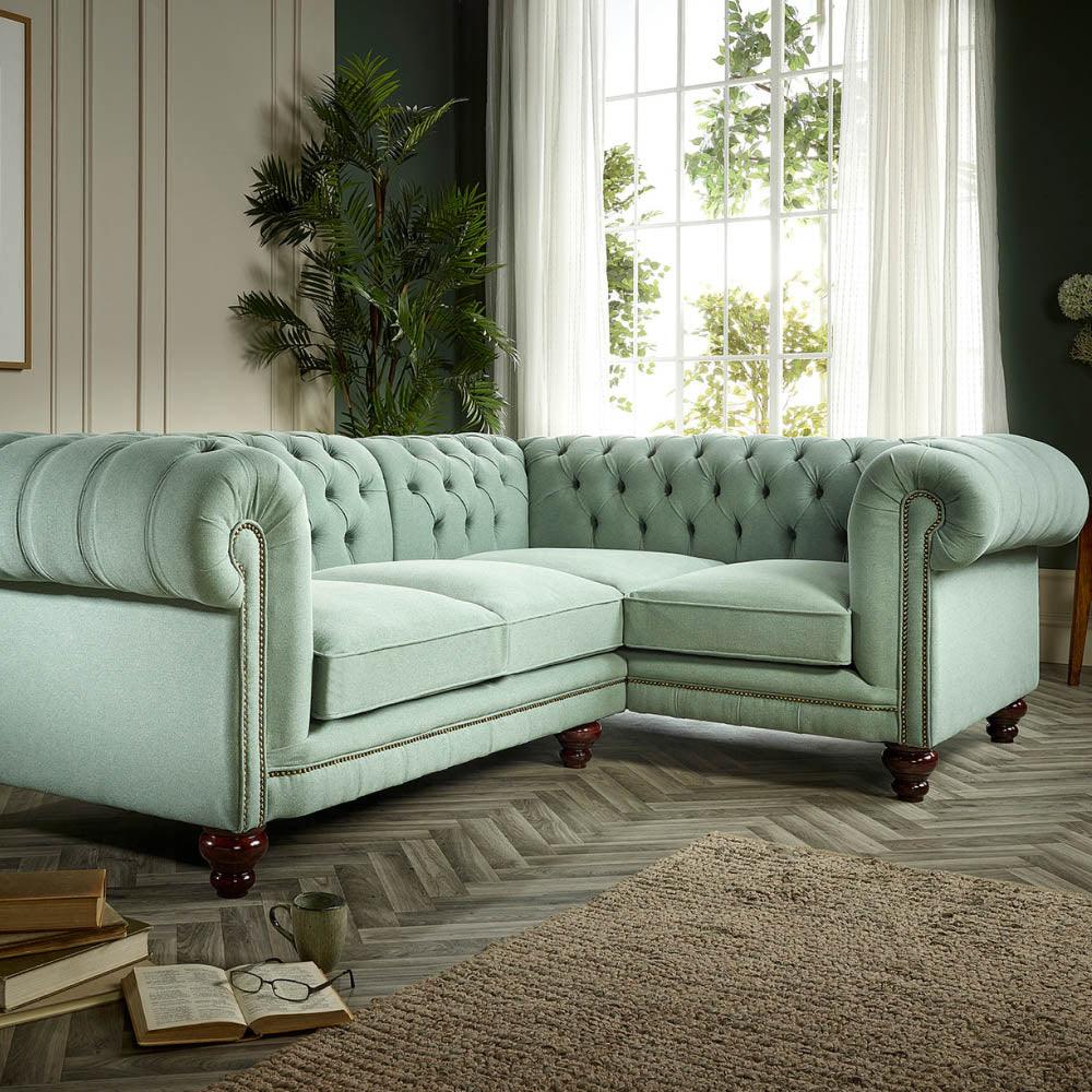 UrbanLuxe Corner Sofa Lichen Green Fabric, Tufted Sectional Living Room Sofas