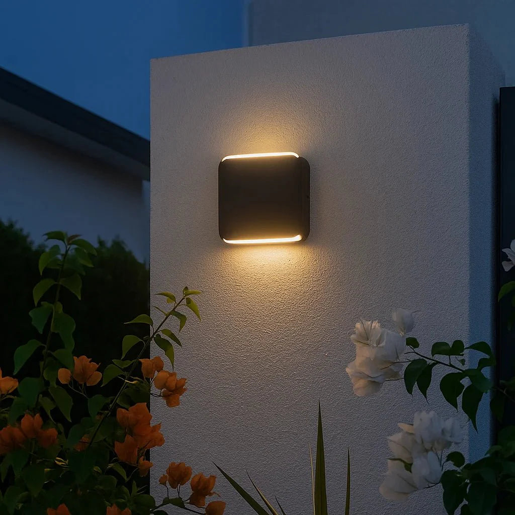 LumaEdge LED Outdoor Wall Light 8W Warm White Black Square Fixture, Modern Exterior Lighting