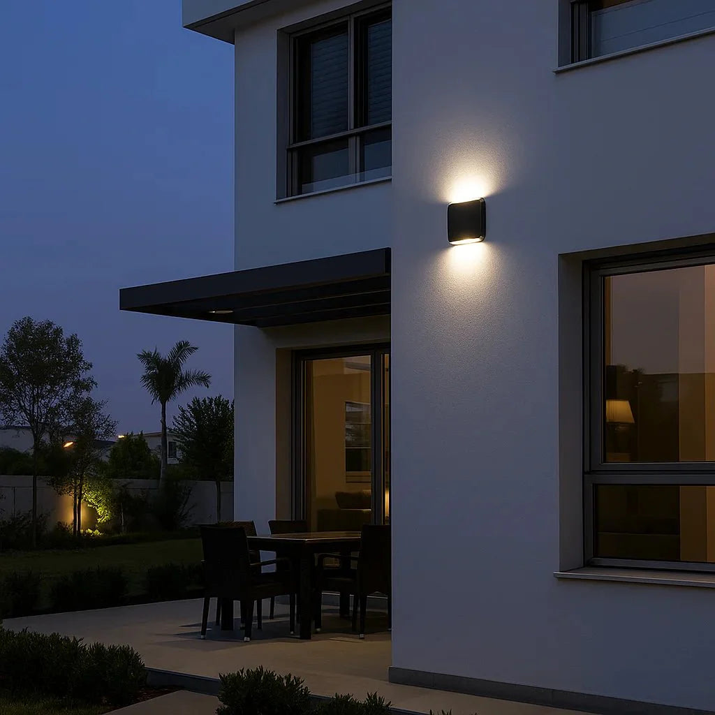 LumaEdge LED Outdoor Wall Light 8W Warm White Black Square Fixture, Modern Exterior Lighting