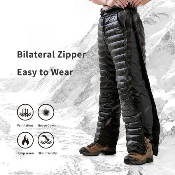 Insulated Goose Down Pants with Full Length Side Zippers and Oxford Reinforced Legs