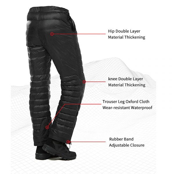 Insulated Goose Down Pants with Full Length Side Zippers and Oxford Reinforced Legs