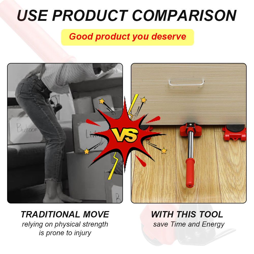 Furniture Moving Rollers with Lifting Bar and 360-Degree Wheels, 4-Pad Set