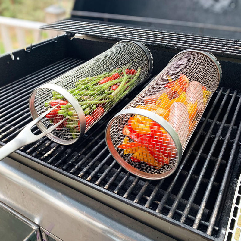 Rotating Grill Basket with Hinged Door and Perforated Walls for Vegetables and Meat