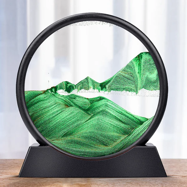 Rotating Sand Art Display with Multicolor Layers and Black Frame