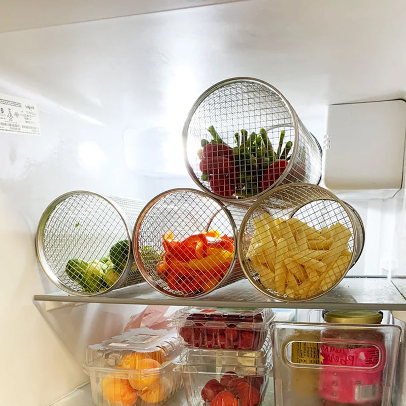 Rotating Grill Basket with Hinged Door and Perforated Walls for Vegetables and Meat