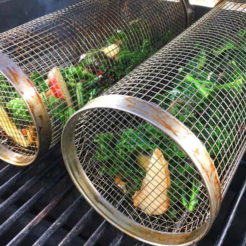 Rotating Grill Basket with Hinged Door and Perforated Walls for Vegetables and Meat