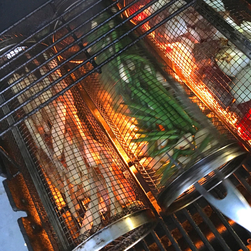 Rotating Grill Basket with Hinged Door and Perforated Walls for Vegetables and Meat