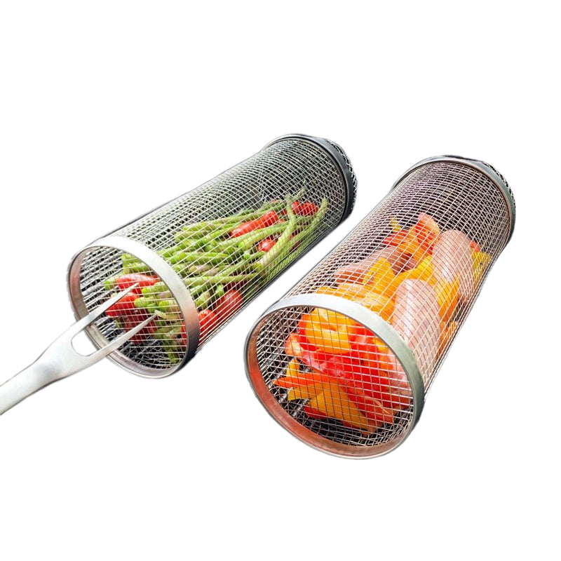 Rotating Grill Basket with Hinged Door and Perforated Walls for Vegetables and Meat