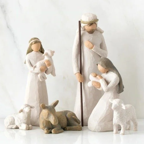 Handcrafted Barn Wood Nativity Set with Six Carved Figures and Creche Structure