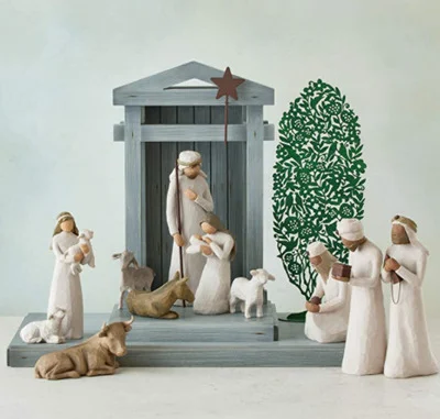 Handcrafted Barn Wood Nativity Set with Six Carved Figures and Creche Structure
