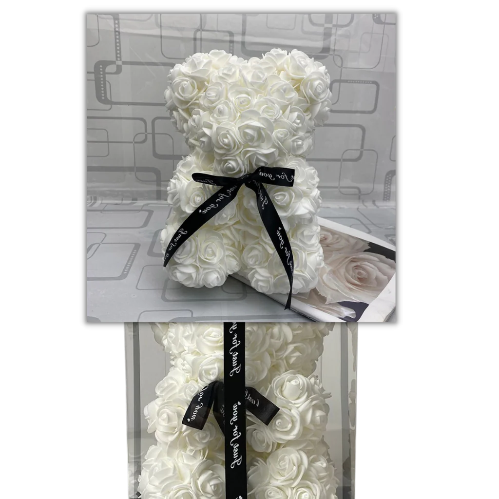 Foam Rose Teddy Bear with Ribbon Neck Accent and Lasting Color, 9.8 Inches