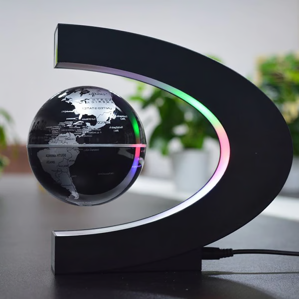 Levitating Globe with Electromagnetic Suspension and Multicolored LED Ring