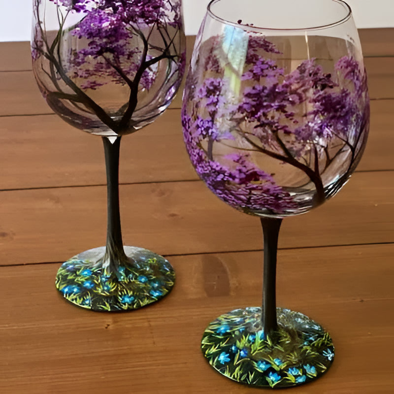 Hand Painted Wine Glasses with Seasonal Tree Designs, 12 oz Dishwasher Safe