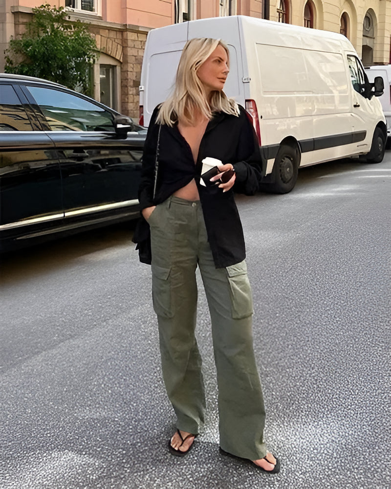 Cargo Pants with Adjustable Waist Belt and Multiple Leg Pockets, Loose Fit