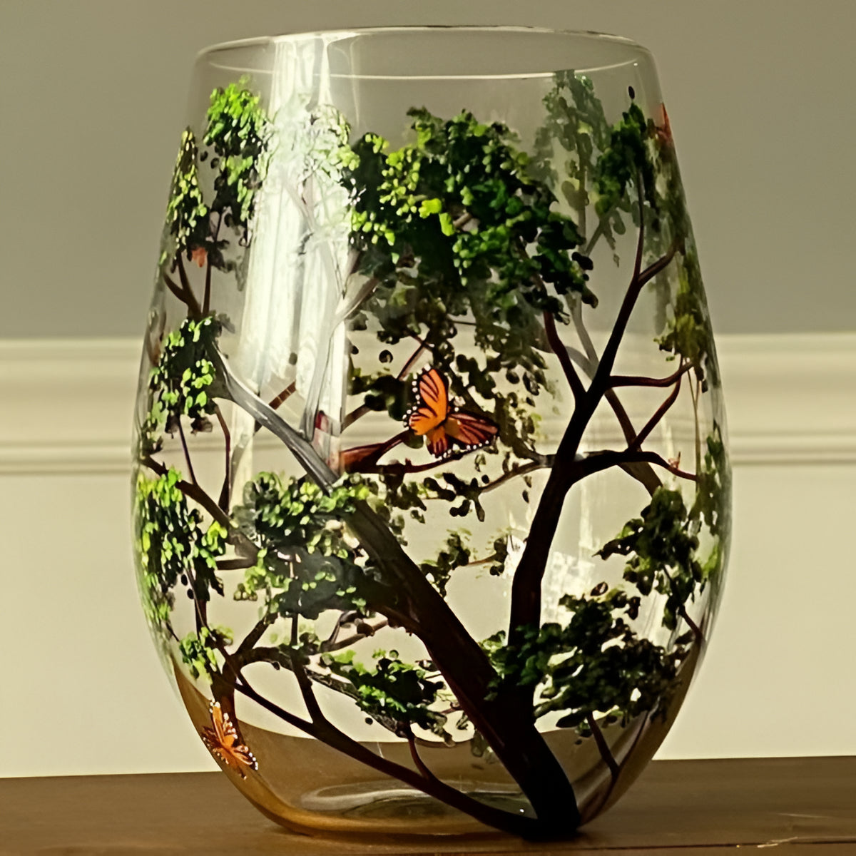 Hand Painted Wine Glasses with Seasonal Tree Designs, 12 oz Dishwasher Safe