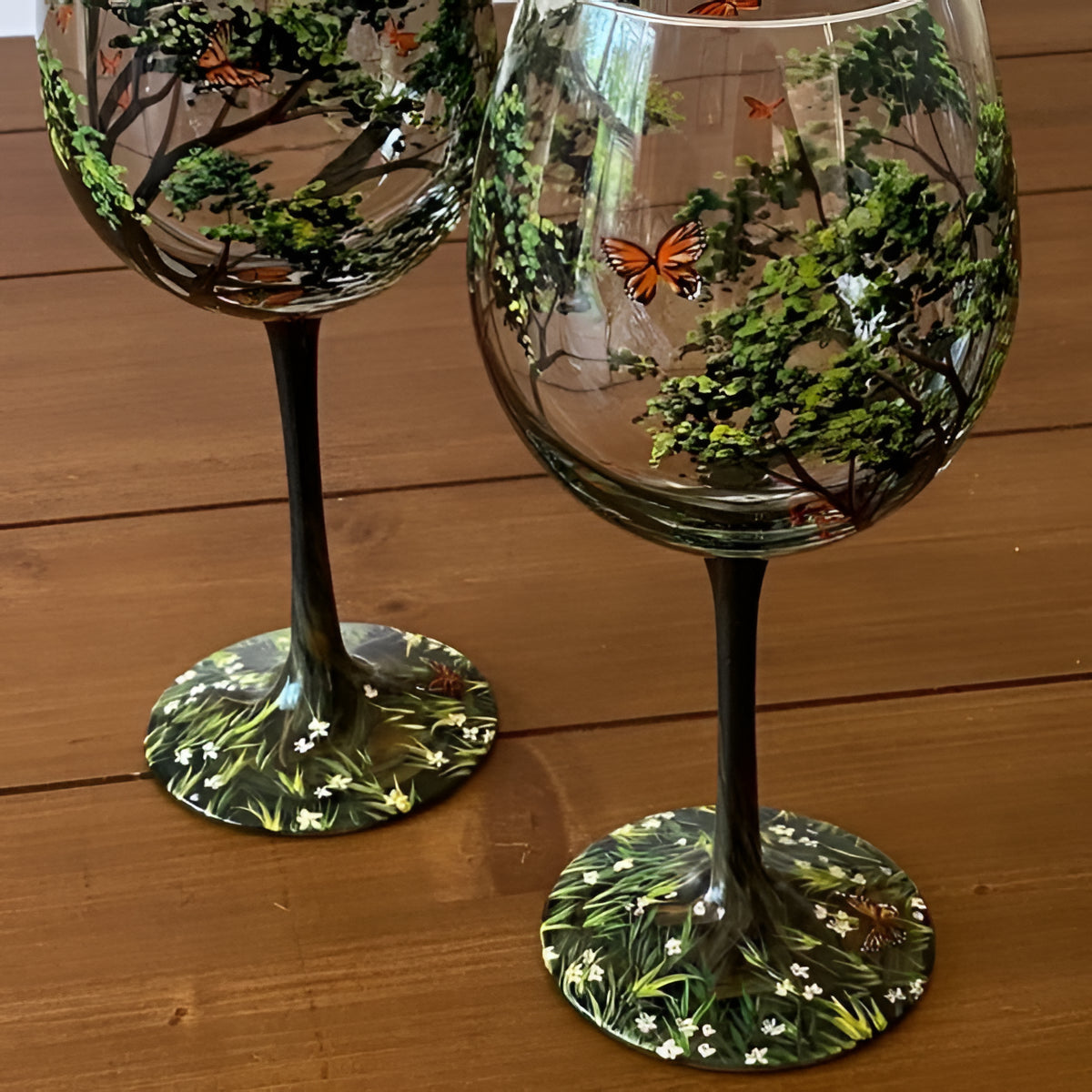 Hand Painted Wine Glasses with Seasonal Tree Designs, 12 oz Dishwasher Safe