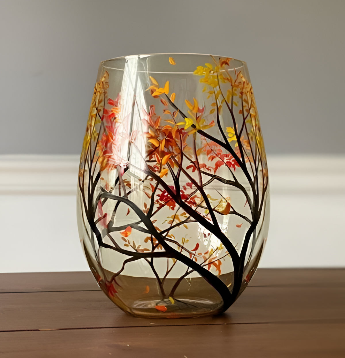 Hand Painted Wine Glasses with Seasonal Tree Designs, 12 oz Dishwasher Safe
