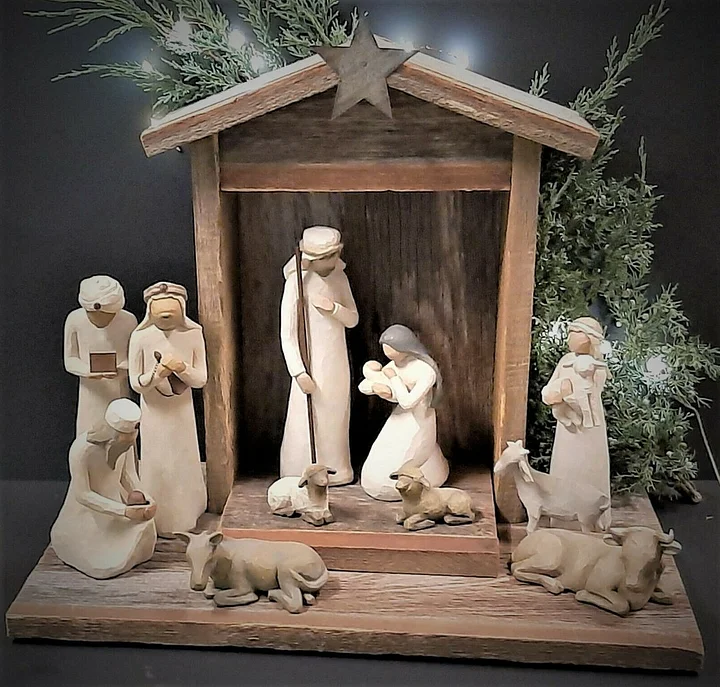 Handcrafted Barn Wood Nativity Set with Six Carved Figures and Creche Structure